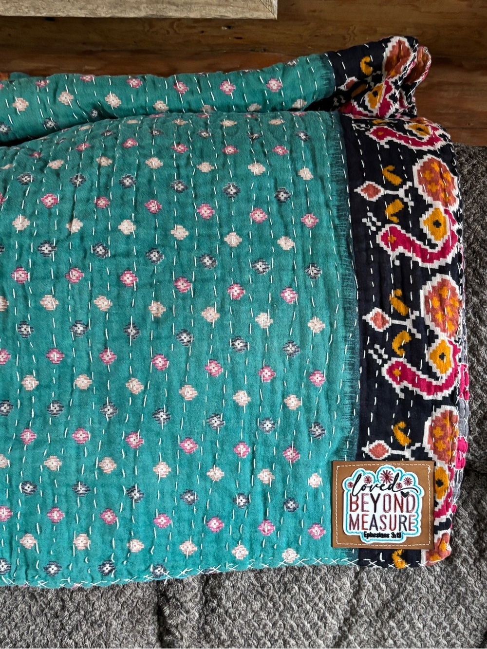 Teal Floral Kantha Quilt Throw Loved Beyond All Measure